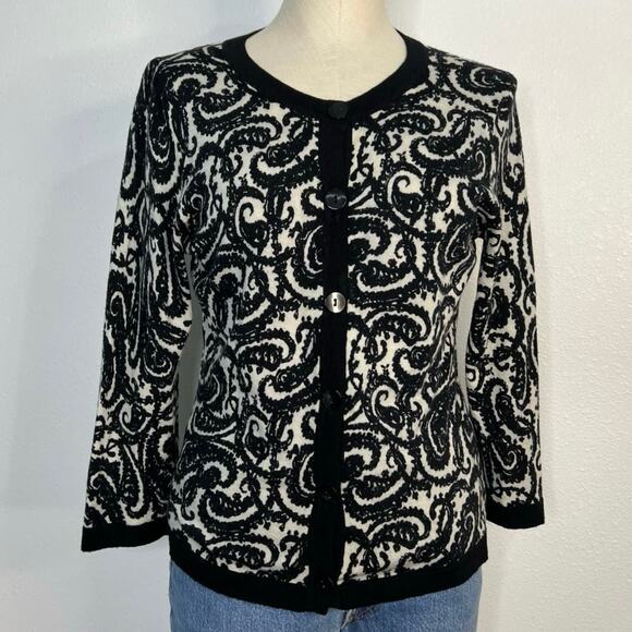 Vintage Talbots 100% Merino Wool Paisley Print Black White Cardigan Sweater - Picture 1 of 7